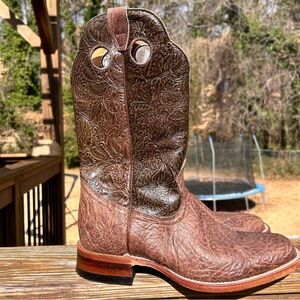 Boulet Pullon Brown green Leather Western Boots cowboy inlay